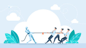 Robot tug of war with people. Team pulling rope against robot with AI. Competition, job loss, workers replacement by AI. Artificial intelligence technology business competition. Flat illustration