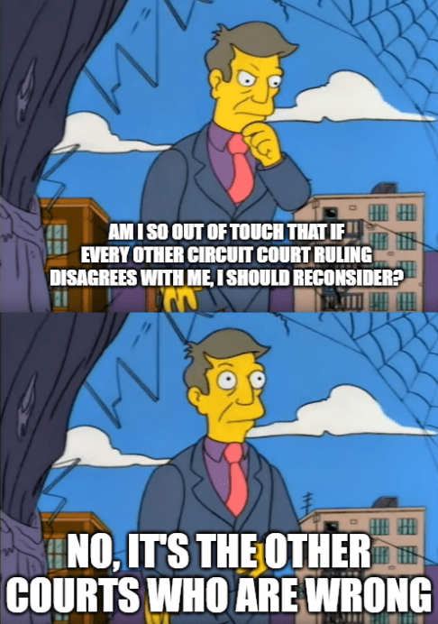 Principal Skinner meme. First frowning and looking down with hand stroking chin saying: "Am I so out of touch that if every other circuit court ruling disagrees with me, I should reconsider?" Second panel has him looking up and saying "No, it's the other courts who are wrong."